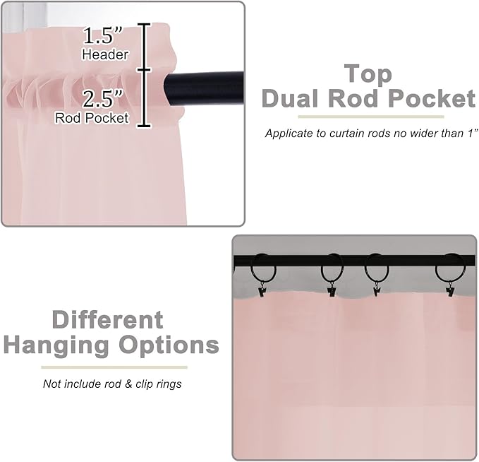 Blush Valances for Windows, Blush Sheer Curtains 14 Inch Length 2 Pack Kitchen Drapes, Modern Solid Mini Small Window Curtains for Cafe Bathroom Basement, Each 42" Wx14 L Inches