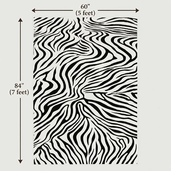 Zebra Print Rug, 5x7, Black and White Animal Print Rug, Modern Abstract Design, Non-Slip TPE Backing, Low-Pile, Washable and Easy-to-Clean, Suitable for Living Rooms, Bedrooms, and Home Offices