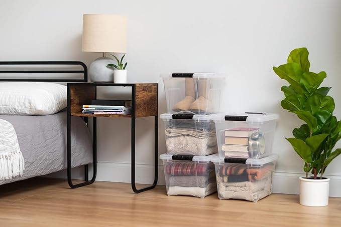 IRIS USA 4-Pack 19 Quart Storage Bins with Lids, Clear | Transparent design makes contents easy to find. Great for linens, décor, closet storage, and supplies. Nestable design saves