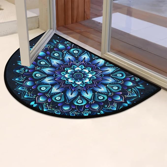 Mandala Blue Half Round Door Mat Semi Moon Rug Fireplace Carpet Area Rugs | Mandala Blue Ethnic Non Slip Absorbent Half Circle Mat Carpet for Indoor Outdoor Patio Kitchen Bathroom Entryway Home Decor
