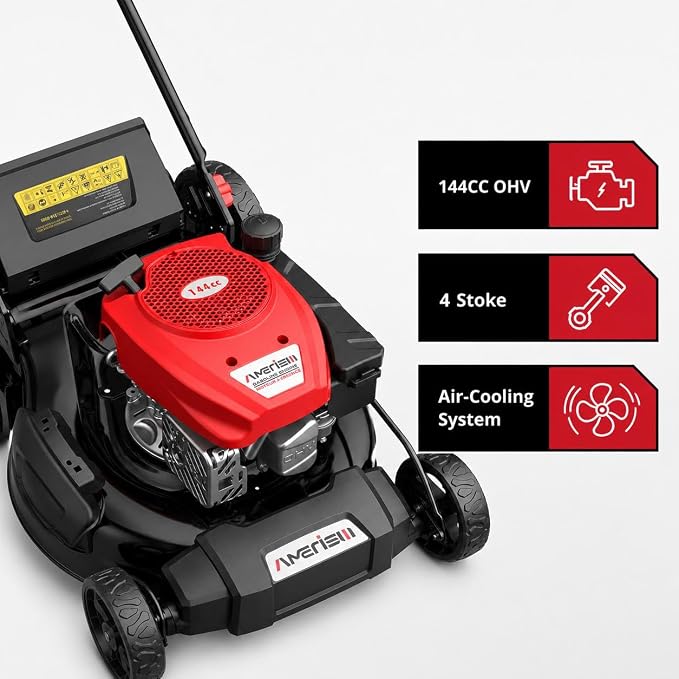 AMERISUN 21” Gas Lawn Mower, 144cc 4-Cycle OHV Walk Behind Push Mower with 2IN1 Mulching & Side Discharge, 6-Position Height Adjustment, Heavy-Duty Steel Deck for Small to Medium Yards