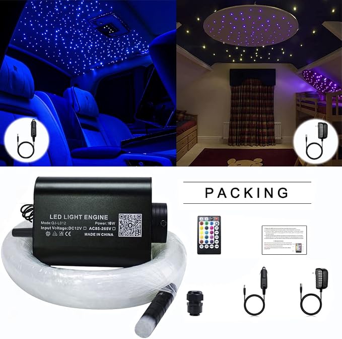 AZIMOM 16W 450pcs 0.03in 6.5ft Sound Activate Starlight Headliner Kit End Glow Fiber Strands, Fiber Optic Starlight Light Music Mode Remote APP Control Car Use Home Headliner Lighting Decoration