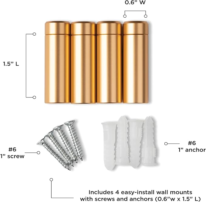 1.5" Gold Stainless Steel Mounting Hardware for Acrylic Floating Frames (Pack of 4) | 1.5" Gold Designer Grade Powder-Coated Aluminum Standoffs for Floating Frames, Corrosion-Resistant, with Screws & Anchors