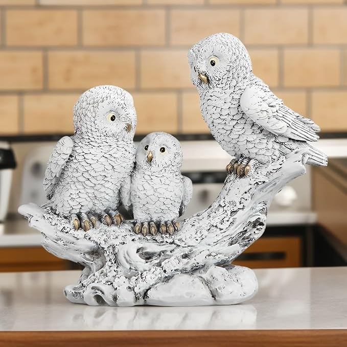 ICE ARMOR Hand Painted 6.75" W Owl Family on Branch Figurine Statue Sculpture Ornament Decoration Home/Room Decor Unique Gift Ideas for Housewarming Holidays Birthdays Great Collectible Addition