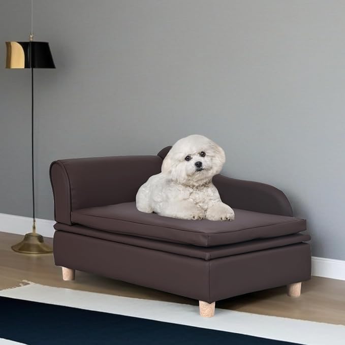 PU Leather Dog Sofa and Chair with Storage - Wooden Frame Cat Sofa Couch with Cushion,Small Pet Bed Sofa for Puppy and Cats (Brown)