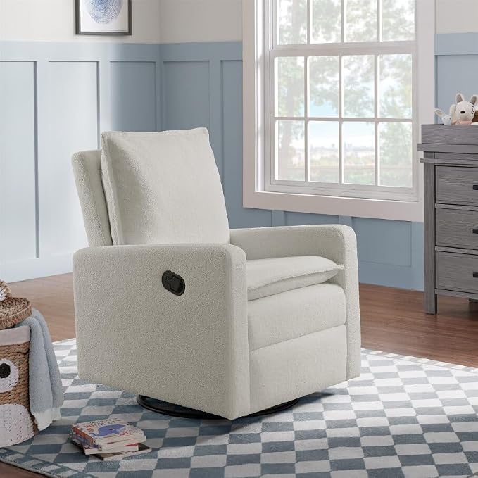Oxford Baby Uptown Upholstered Glider Recliner Rocking Chair 360° Swivel for Nursery and Living Room - Boucle White, Green Guard Gold Certified