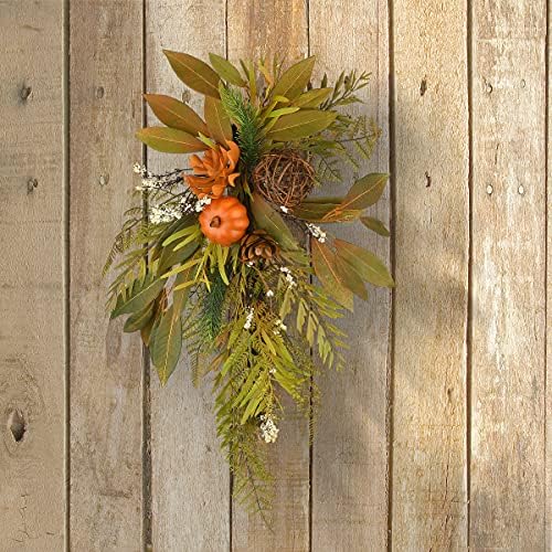 National Tree Company Artificial Autumn Wall Decoration, Decorated with Fern Fronds, Leaves, Pumpkins, Twig Cones, Autumn Collection, 26 Inches - Image 2