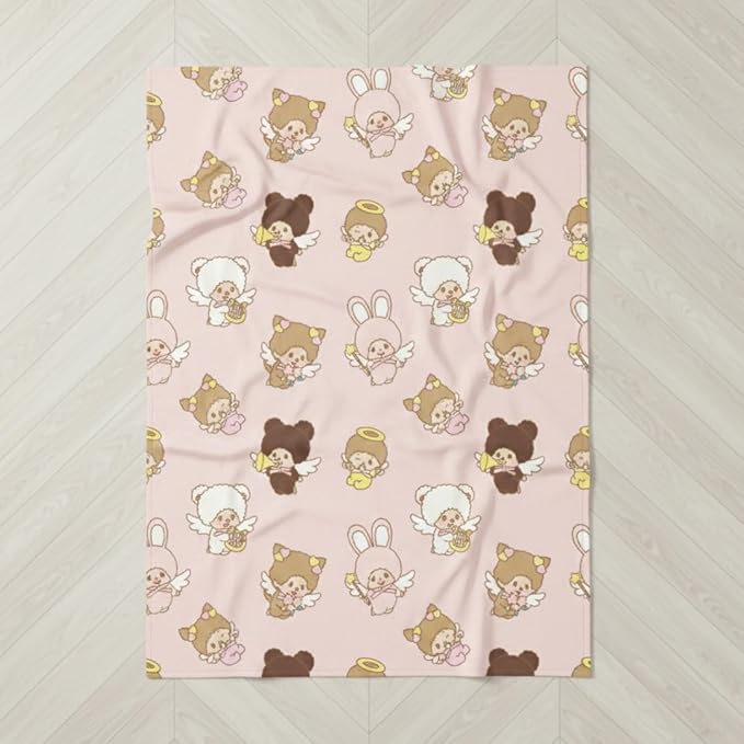Monchhichi Kawaii Bedding Throw – Soft Plush Cozy Nostalgic Character Blanket with Bunny & Bear Design, 50 in x 70 in, (Officially Licensed Product) by Franco Collectibles