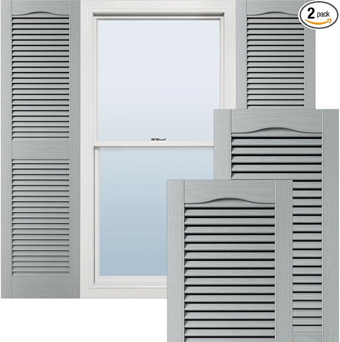 12"W x 25"H Lifetime Vinyl, Standard Cathedral Top Center Mullion, Open Louver Shutters, w/Installation Shutter-Lok's & Matching Screws (Per Pair), Platinum