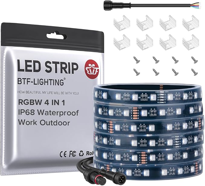 BTF-LIGHTING IP68 Waterproof Outdoor RGBW LED Strip 5050SMD RGB+Cool White(6000K-7000K) 4 Colors in 1 DC24V 5m 16.4ft 60LED/m Multi-Colored Tape Lights Can Work Outdoor(No Adapter or Controller)