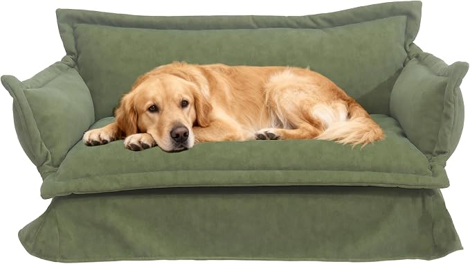 2-in-1 Human & Pet Dog Sofa, Solid Pine Wood Frame with Supportive Foam, Indoor Modern Pet Furniture(Green)