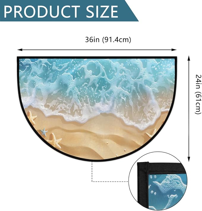Beach Waves Starfish Half Round Door Mat Non-Slip Semi Circle Rug Washable Half Moon Floor Rug Absorbent Bathroom Area Rugs for Outdoor Indoor Fireplace Mat Entryway Kitchen Decor Rugs