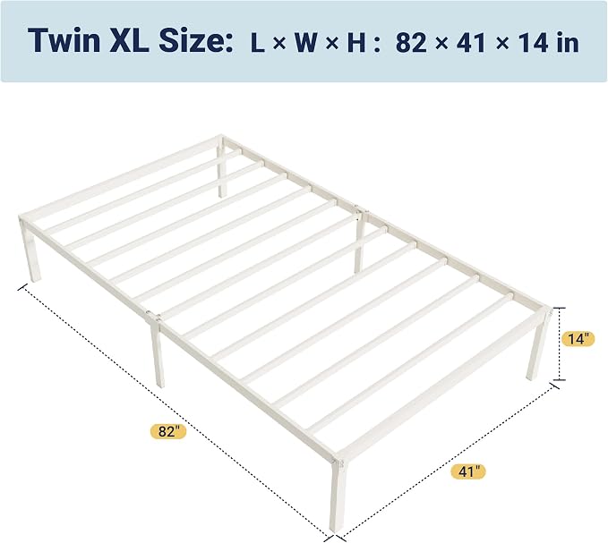 Allewie Twin XL Bed Frame, 14 inch Metal Beds with Storage Space, Beige | Heavy-Duty Metal Platform Beds, Large Under-Bed Storage Space, No Box Spring Needed, Easy Assembly
