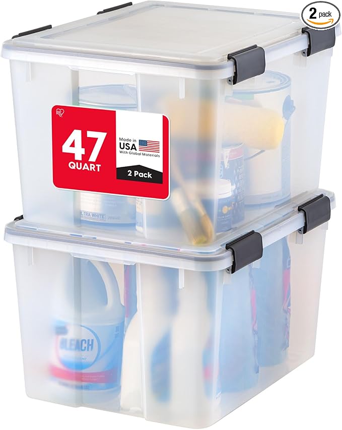 IRIS USA WeatherPro Storage Bins with Lids, 47 Qt, Gasket Seal, 2 Pack | Airtight gasket helps protect clothing, shoes, crafts, keepsakes, and household supplies from moisture and dust.