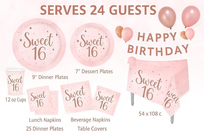 Oojami Sweet 16 Party Supplies for Girls, Serves 24 – Rose Gold Plates, Napkins, Cups, Table Covers, Balloons, Banner, Cake Topper & Candle – 16th Birthday Decorations Set