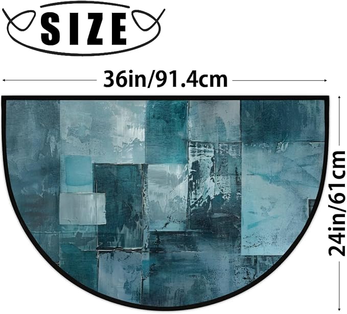 Pardick Half Round Door Mat Turquoise Grey Abstract Anti-Slip Semi Circle Rug 24X36 Indoor Door Mat Half Moon Bath Mat, Washable Decorative Floor Mat for Kitchen Bathroom Hearth Fireplace