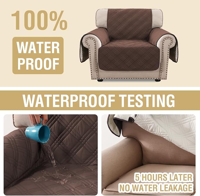 H.VERSAILTEX 100% Waterproof Chair Slipcovers Modern Oversized Chair Cover Slip Covers for Armchairs with Elastic Straps (Chair, Brown/Beige)