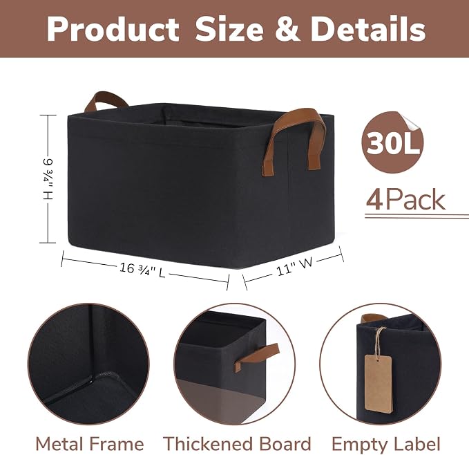 CHICVITA 4-Pack Fabric Storage Baskets for Shelves, Metal Frame, Black | 16 ¾" L x 11" W x 9 ¾" H, Collapsible Design, Clothes, Toys & Towel Storage, Bedroom & Living Room Organization