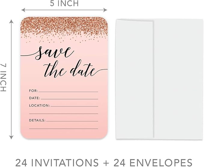 Andaz Press Blush Pink and Rose Gold Glitter Elegant Party Collection, 5x7-inch Invitations with Envelopes, Save The Date, 24-Pack, Double Sided Printing, Heavy Card Stock, Includes Envelopes