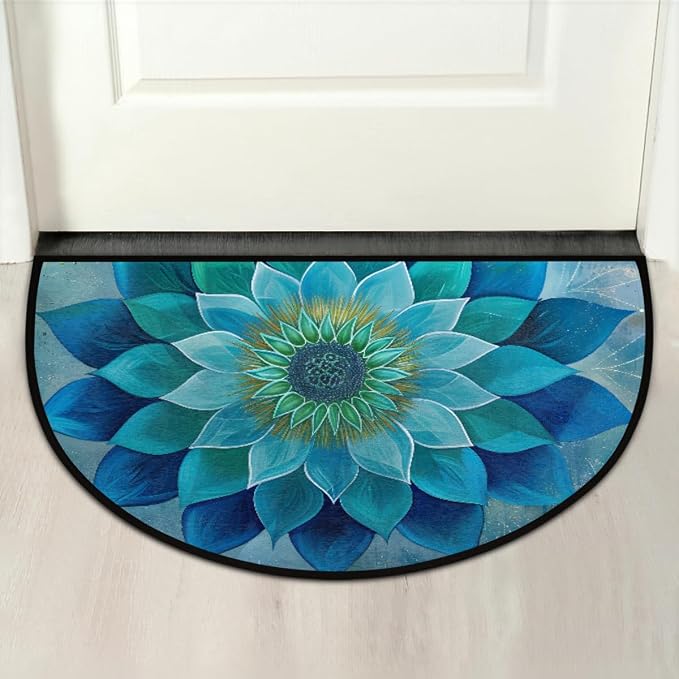 Mandala Half Round Doormat Non-Slip Semi Circle Rug Half Moon Mat | Teal Ethnic Flower Washable Soft Absorbent Indoor Outdoor Entrance Kitchen Bathroom Sink Patio Welcome Fireplace Floor Rug