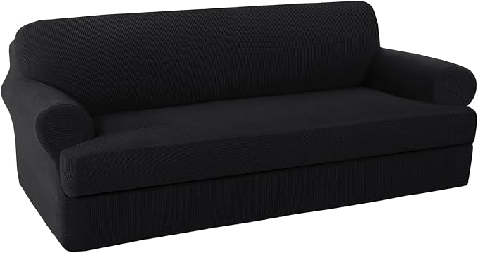 H.VERSAILTEX High Stretch 2 Pieces Sofa Cover/Slipcover Couch Covers for Sofa Jacquard Soft Spandex Furniture Protector Suit for T Cushion/Box Cushion, Sofa 72"-88", Black