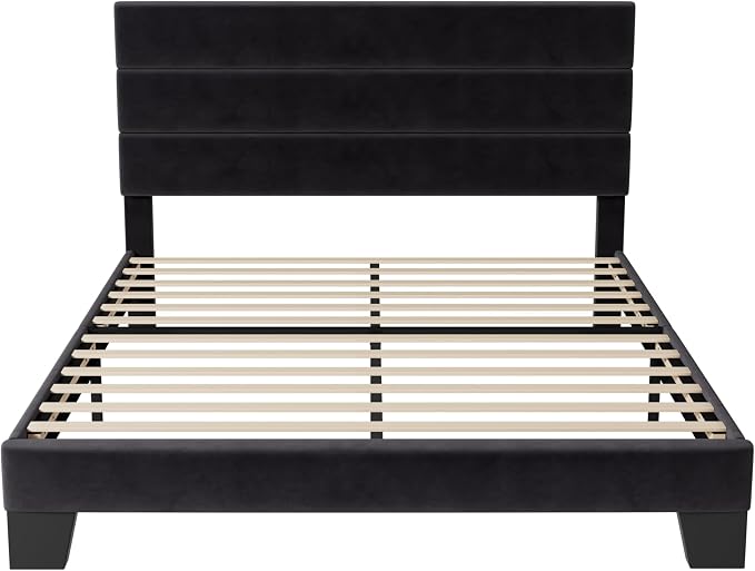 Allewie Full Size Platform Bed Frame with Velvet Upholstered Headboard | Wooden Slats Support, Fully Upholstered Mattress Foundation, No Box Spring Needed, Easy Assembly, Noise-Free, Black
