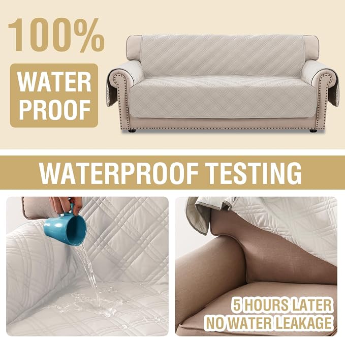 H.VERSAILTEX 100% Waterproof Couch Covers for Pets Modern Slip Covers for Sofas/Couches Thick Soft Couch Slipcover Washable (Sofa, French Oak/Beige)