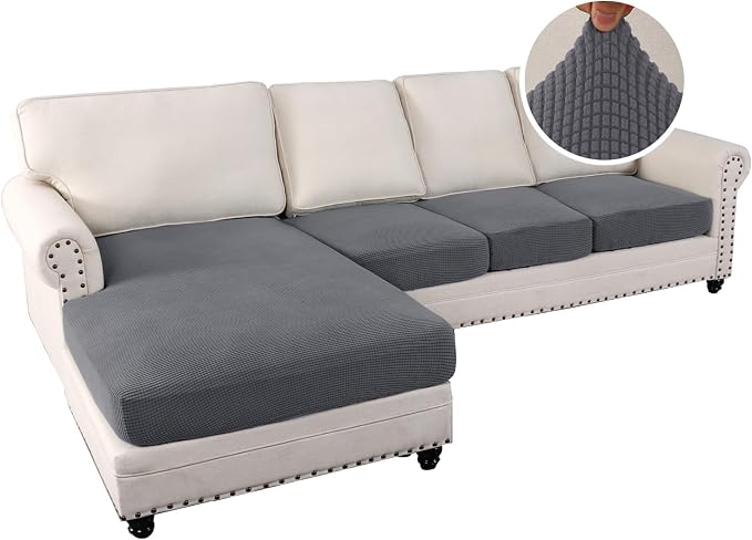 H.VERSAILTEX Sectional Couch Covers 4 Pieces Sofa Seat Cushion Covers L Shape Separate Cushion Couch Chaise Cover for Both Left/Right Sectional Couch (Seat Only: 1 Chaise + 3 Sofa, Grey)