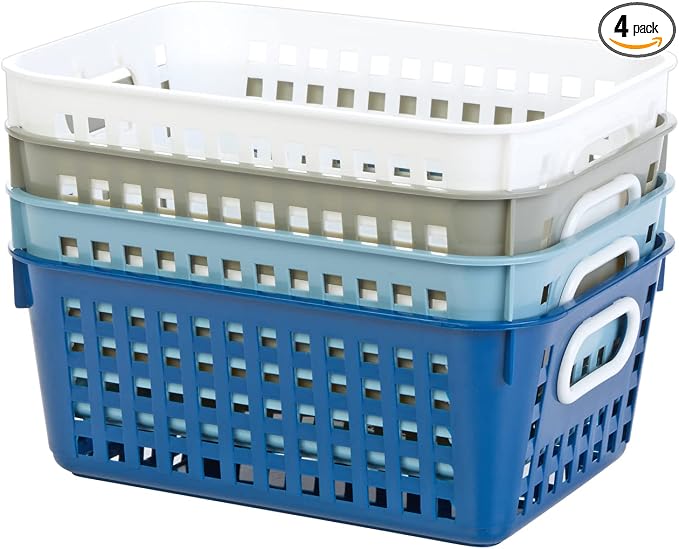 Really Good Stuff Medium Plastic Book Baskets, 11" x 7.5" x 4.5", 4-Pack | Cool & Calm Group Colors, Versatile Storage Solution for Classroom, Home, & Office, Storage, Multi-Purpose