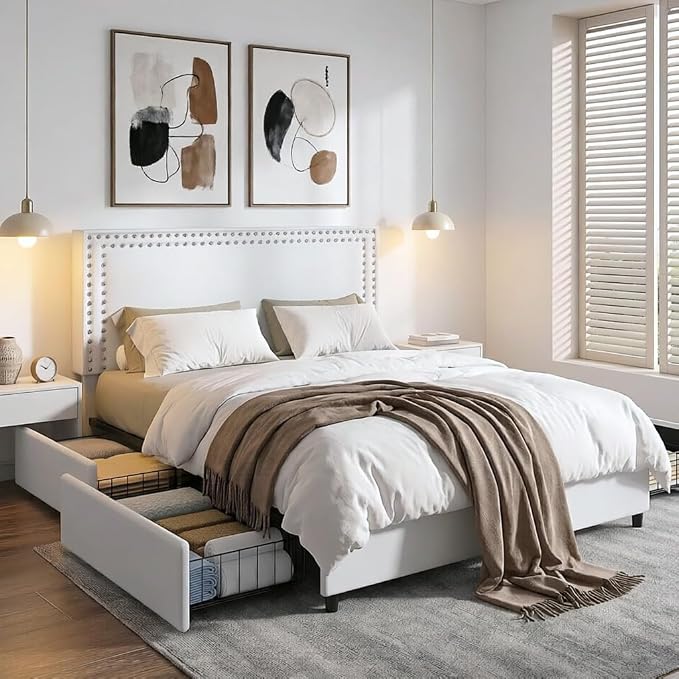 VECELO King Size Upholstered Bed Frame with 4 Storage Drawers, Adjustable Velvet Rivet Decor Headboard, Wooden Slats Platform Support, No Box Spring Needed, Easy Assembly,White