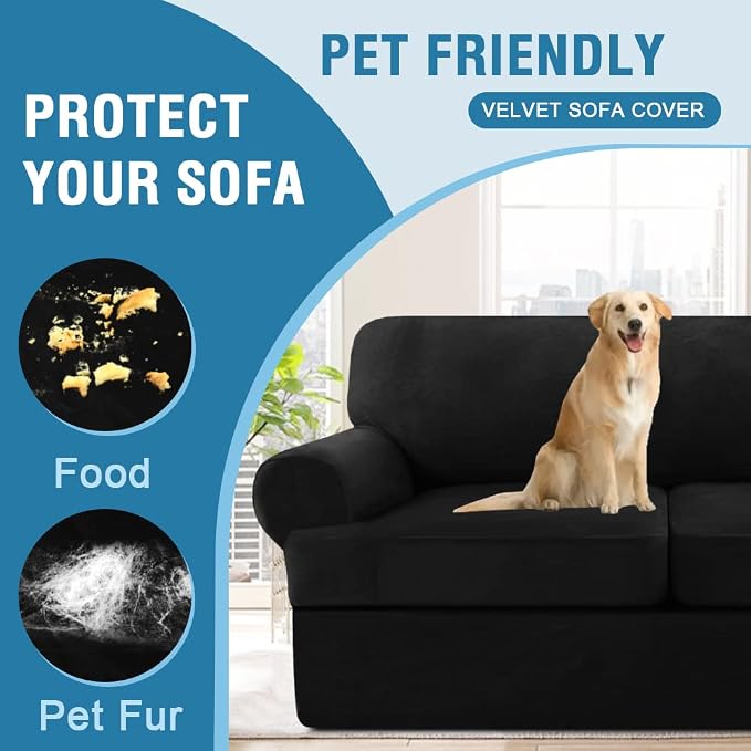 H.VERSAILTEX Sofa Cover 4 Piece T Cushion Sofa Slipcovers Velvet Couch Cover Furniture Protector Stretch T Cushion Sofa Covers for 3 Cushion Couch with 3 Individual T Cushion Covers Washable, Black