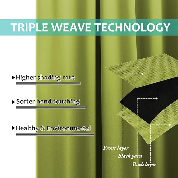 NICETOWN 100% Blackout Window Curtain Panels, Fresh Green, 2 PCs, 62" Wide Each Panel, Cold and Full Light Blocking Drapes with Black Liner for Nursery, 84 inches Drop Thermal Insulated Draperies