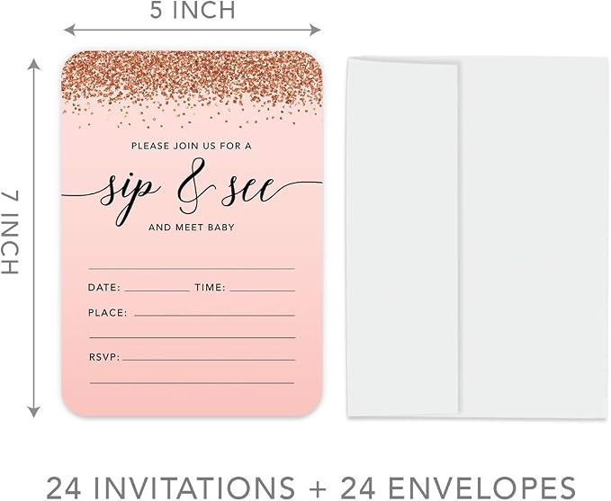 Andaz Press Blush Pink and Rose Gold Glitter Elegant Party Collection, 5x7-inch Invitations with Envelopes, Sip and See Baby Shower, 24-Pack, Double Sided Printing, Heavy Card Stock