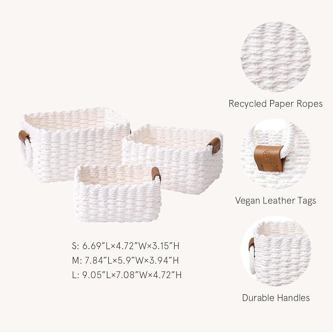 LA JOLIE MUSE Small Wicker Baskets for Organizing, White 3 Pack | Decorative Organizer with Vegan Leather Tag, Round Handle, Storage Baskets for Shelves, Bedroom, Kitchen, Office and Home