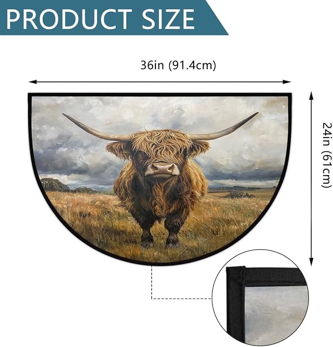 Half Round Door Mat Animal Highland Cow Anti-Slip Semi Circle Rug 24X36 Indoor Door Mat Half Moon Bath Mats, Washable Decorative Welcome Floor Mats for Kitchen Bathroom Hearth Fireplace,A-1208