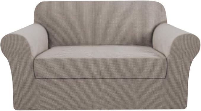 H.VERSAILTEX High Stretch 2-Piece Loveseat Furniture Cover/Slipcover for 2 Cushion Couch Fit Lovesat Width Up to 70 Inch, Suit for T Cushion/Box Cushion (Loveseat, Taupe)
