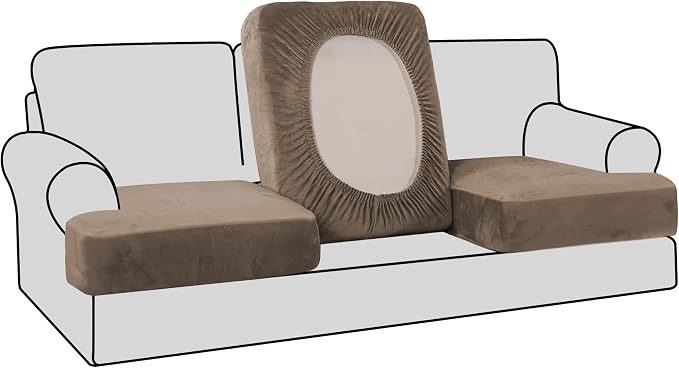H.VERSAILTEX Stretch Velvet 3 Piece T Cushion Sofa Slipcovers for Living Room Individually Sofa Covers for 3 Cushion Seat Cushion Covers Stay with Elastic Bands (Sofa, Mocha)