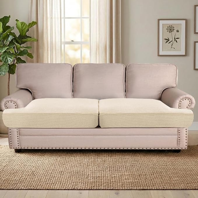 H.VERSAILTEX Stretch 2 Piece T Cushion Sofa Slipcovers Individually Sofa Cushion Covers for 2 Cushion Couch Sofa Seat Cushion Covers with Elastic Bands Featuring Thicker Jacquard Fabric, Natural