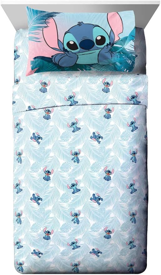 Jay Franco Kids Sheet Set with Fitted, Flat Sheets & Pillow Cover - Ultra-Soft Bedding with Pillowcase for Room Decor, Teal - Lilo & Stitch, 4 Piece Full