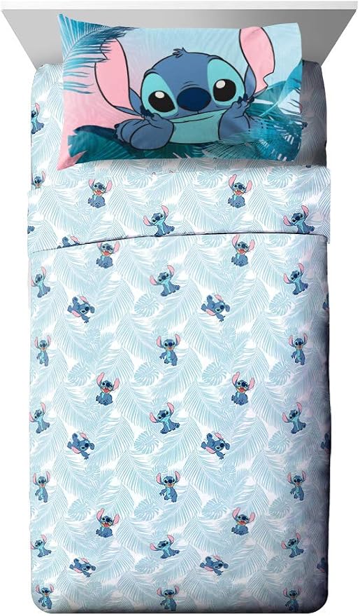Jay Franco Kids Sheet Set with Fitted, Flat Sheets & Pillow Cover - Ultra-Soft Bedding with Pillowcase for Room Decor, Teal - Lilo & Stitch, 3 Piece Twin