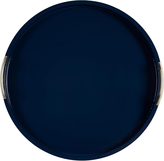 Kate And Laurel Lipton Modern Round Ottoman Tray; 22 Inch Diameter; Navy and Gold; Decorative Circle Coffee Table Tray for Living Room Decor or Large Serving Tray