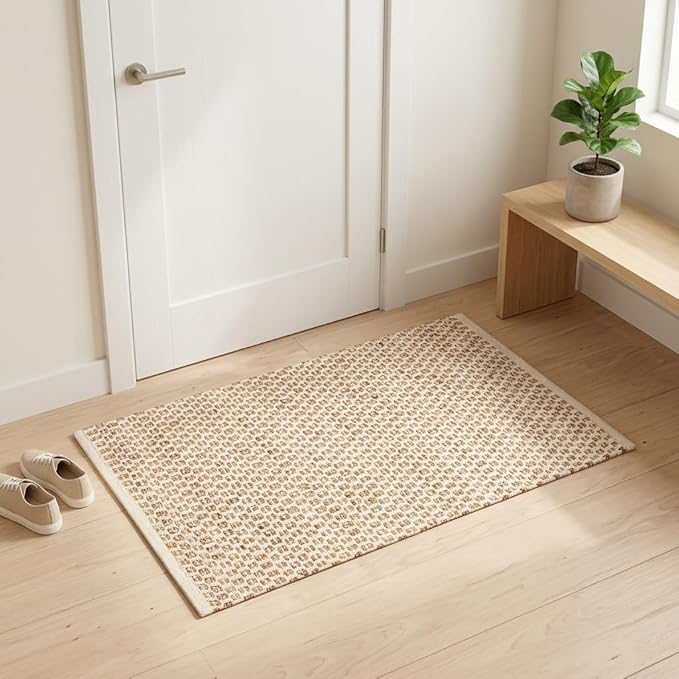 THE BEER VALLEY Jute Cotton Kitchen Rug 2x3 Feet - Natural | Small Neutral Area Door mat for Entryway, Easy Clean Outdoor Indoor Boho Entry Rugs