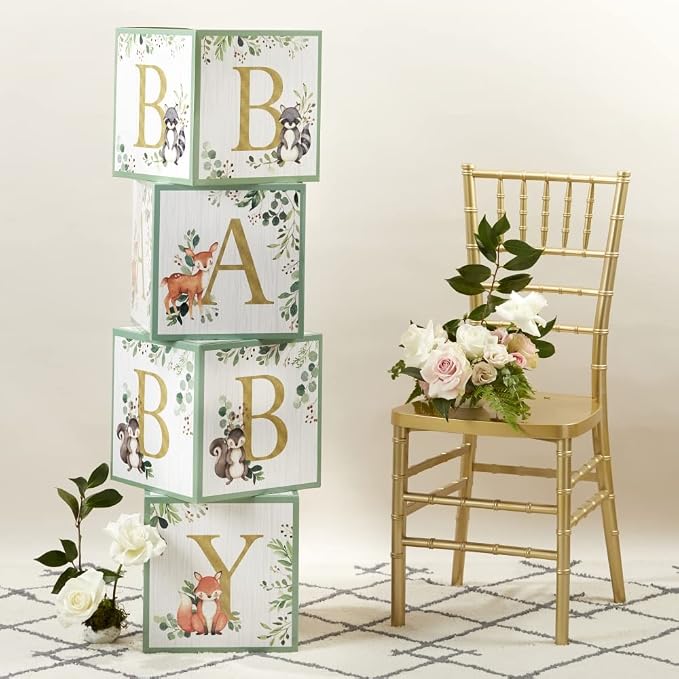 Kate Aspen Woodland Baby Boxes With Letters For Baby Shower Decorations, Gender Reveal Decoration, Photo Prop & Forest Animal Nursery Decor (Set of 4 Stackable Blocks Spells B-A-B-Y)
