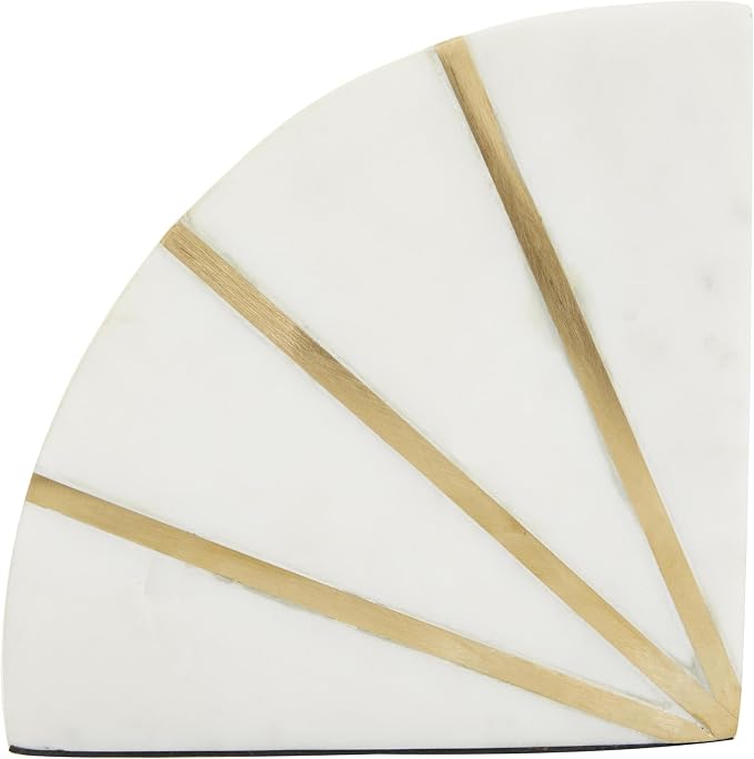 CosmoLiving by Cosmopolitan Marble Geometric Decorative Bookends 9 lbs Non Skid Bookends with Gold Inlay, Set of 2 Office Bookends5"W, 5"H, White