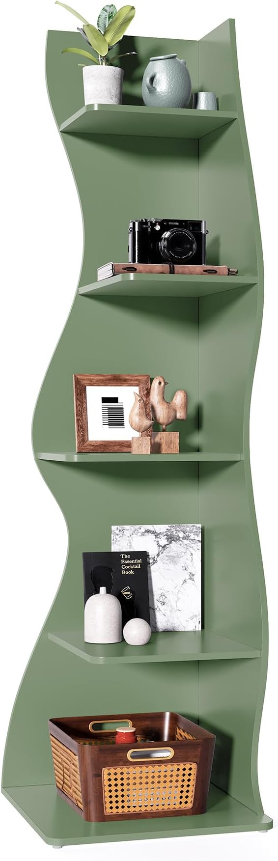 LITTLE TREE Small Corner Shelf, Modern 5-Tier Wall Wavy Corner Bookshelf | Stylish Bookcase Storage Rack for Small Space, Living Room, Bedroom, Green