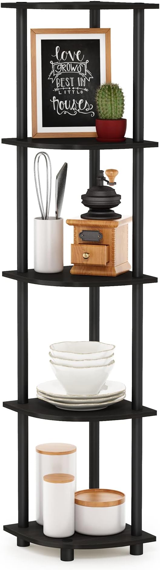 Furinno TURN-N-TUBE Corner Shelf Set of 2, 5-Tier Corner Bookshelf, Open Storage Shelves, for Organization and Storage, Living Room, Home Office, Garage, Espresso