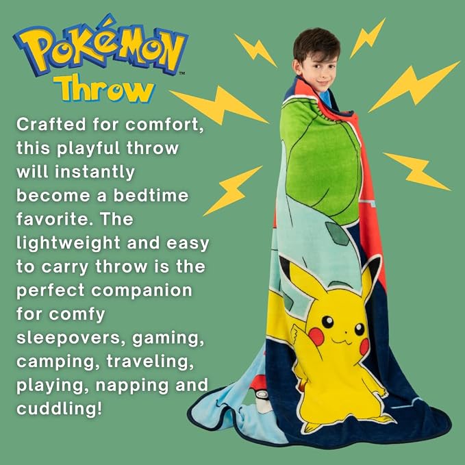 Pokemon Anime Pikachu and Bulbasaur Kids Bedding Super Soft Micro Raschel Throw, 46 in x 60 in, (Official Licensed Product) By Franco