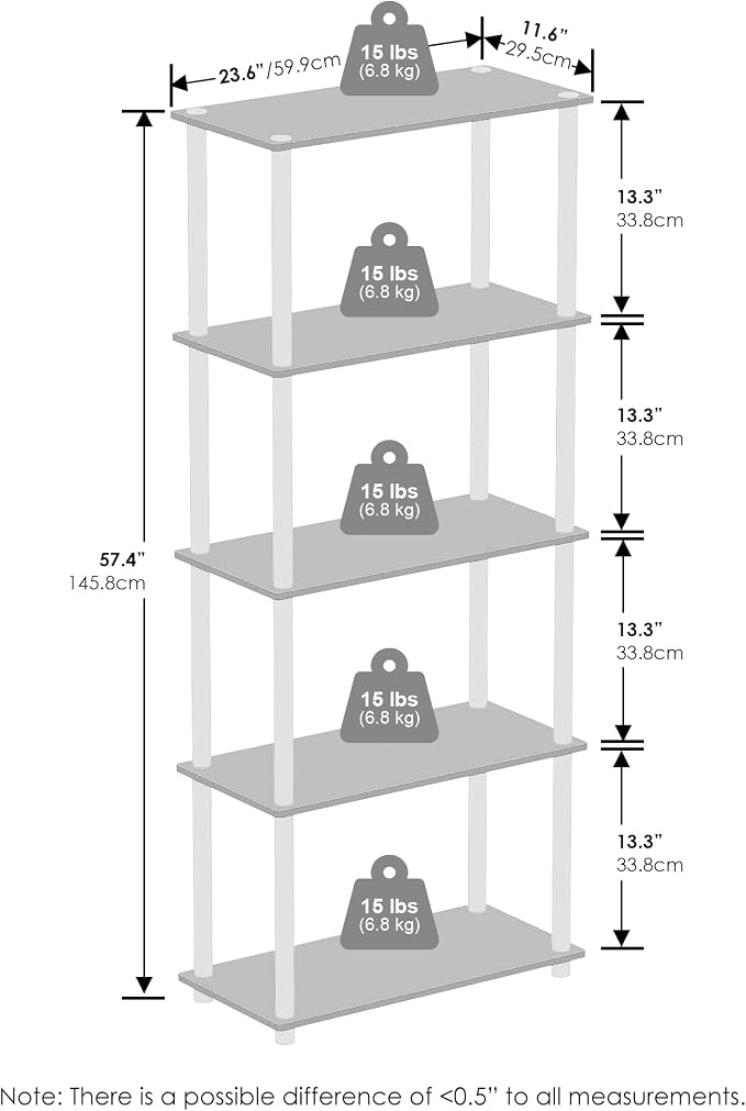 Furinno Turn-N-Tube Book Shelf, 5-Tier Bookshelf, Bookcase with Multipurpose Compact Display Rack, 11.6 x 23.6 x 57.4, for Living Room, Bedroom, Home Office, Espresso/Black