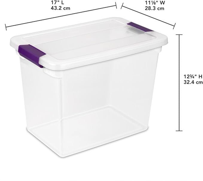Sterilite ClearView Latch Boxes, Storage Bins with Lids, 27 Quart, 12-Pack | Clear Plastic Organizers with Color Accent Latches for Closet, Bedroom, Shelving Units, Dorm Room and Home Organization