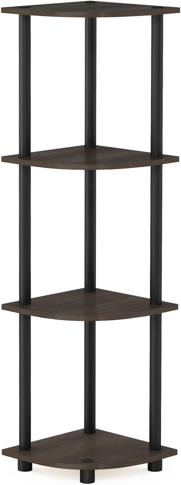 Furinno Turn-N-Tube Toolless Assembly 4-Tier Corner Shelf, Black Corner Book Shelf, Open Shelves Bookshelf, for Organization and Storage, Living Room, Home Office, Bedroom, Brown Grain